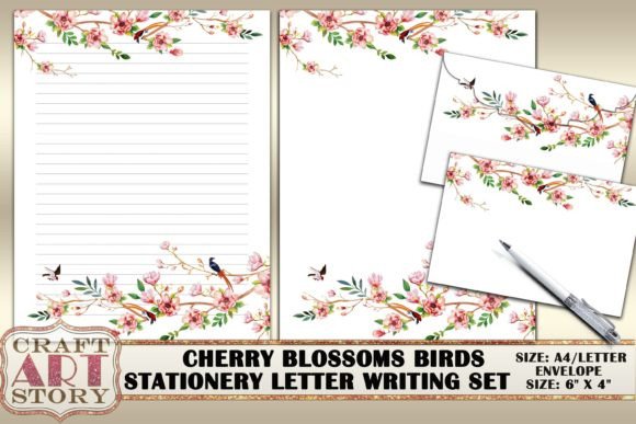 Download Stationary Set Cherry Blossoms Birds - Stationary Collection